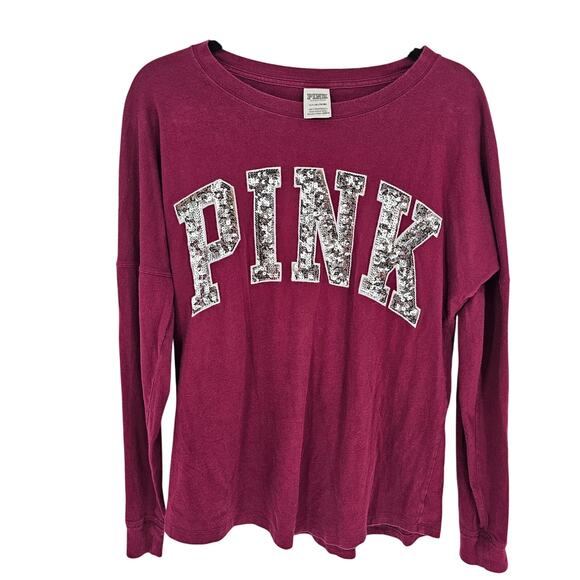 PINK Victoria’s Secret Burgundy Silver Bling Logo Varsity Campus Y2K T-Shirt S - Picture 2 of 8